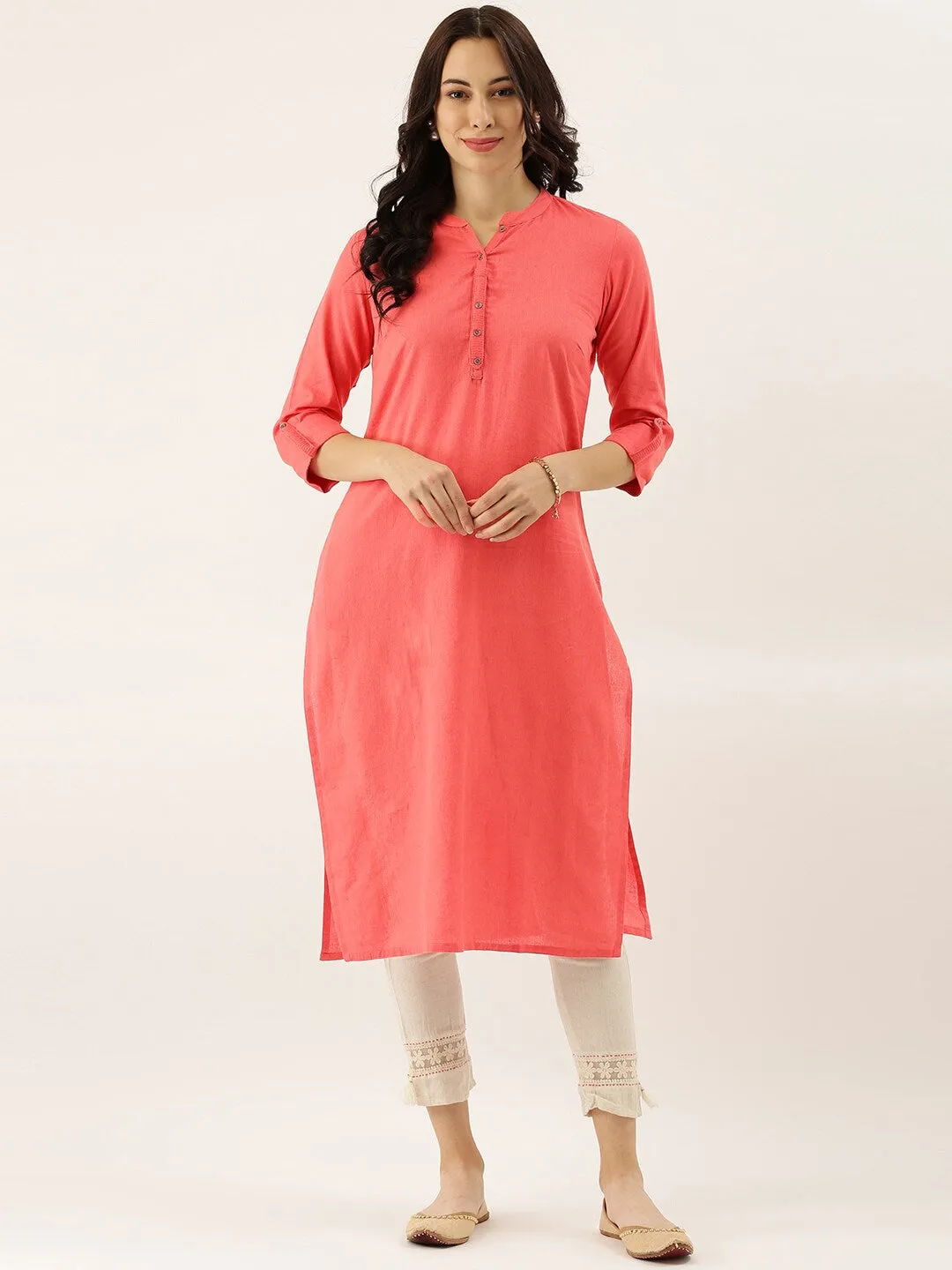 Women'S Peach Solid Straight Roll Up Sleeve Kurti