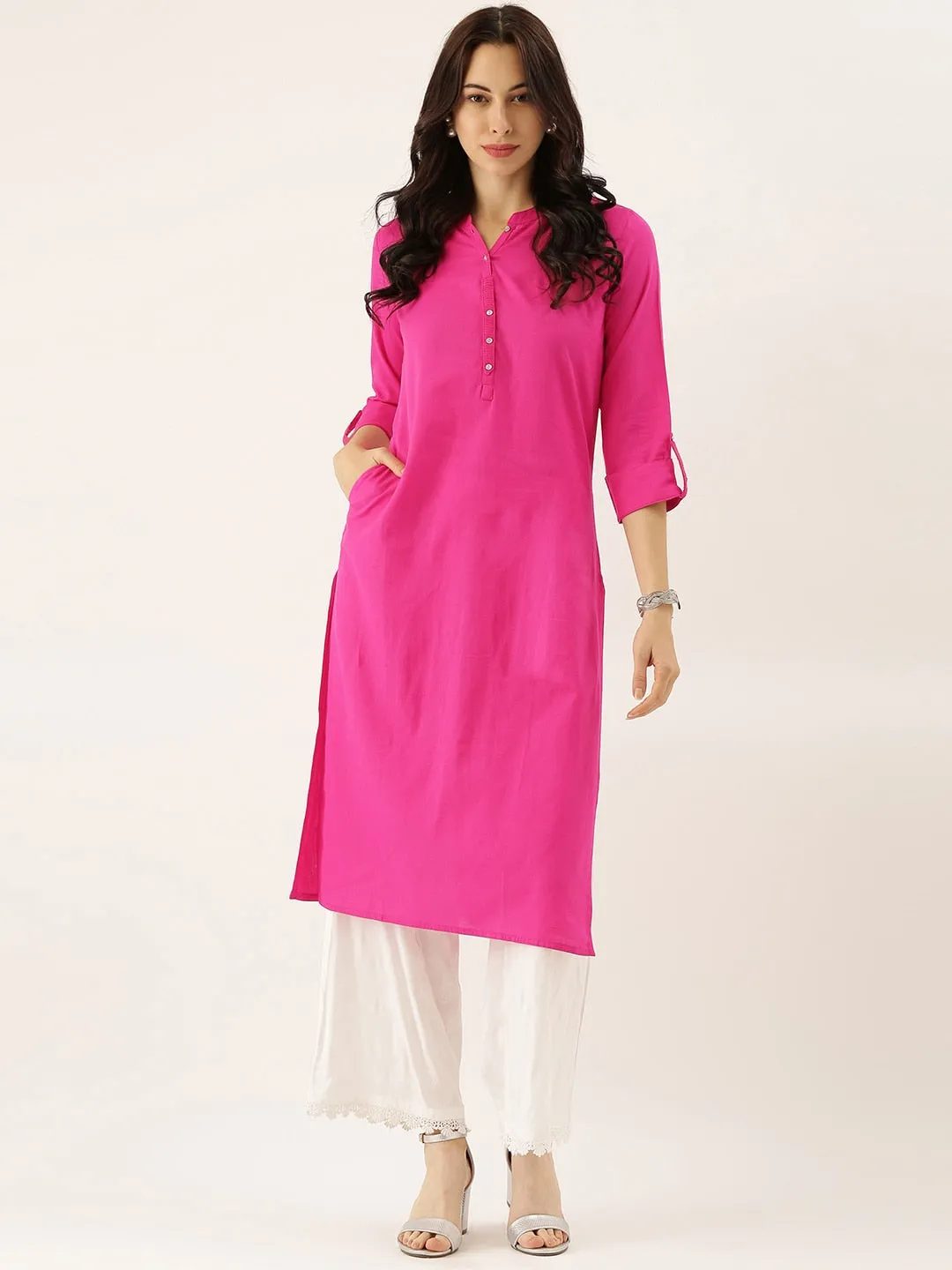 Women'S Pink Solid Straight Roll Up Sleeve Kurti