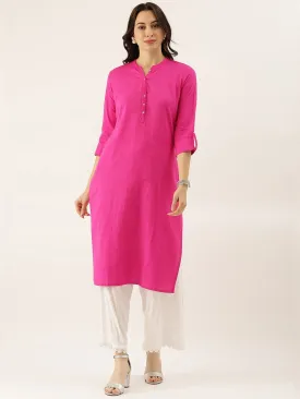 Women'S Pink Solid Straight Roll Up Sleeve Kurti