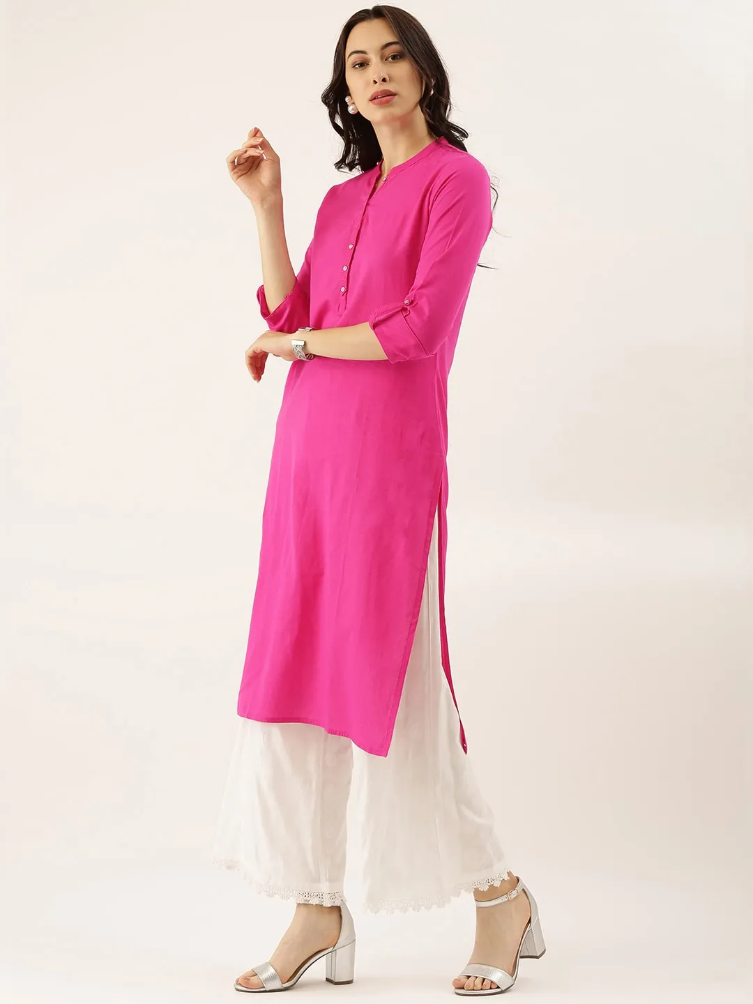 Women'S Pink Solid Straight Roll Up Sleeve Kurti