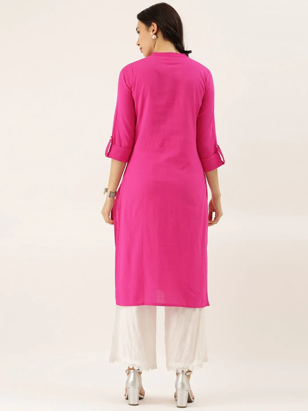 Women'S Pink Solid Straight Roll Up Sleeve Kurti