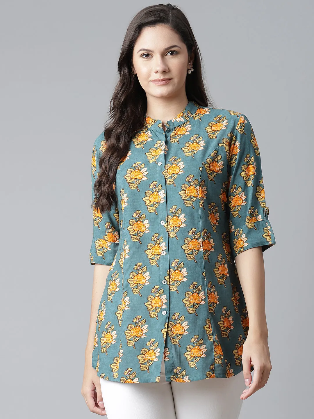 Women'S Sea Green  Rayon Printed Top